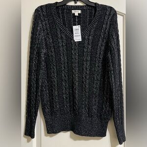 NWT Style & Co. Black Silver Metallic V-Neck Knit Ribbed Sweater Small